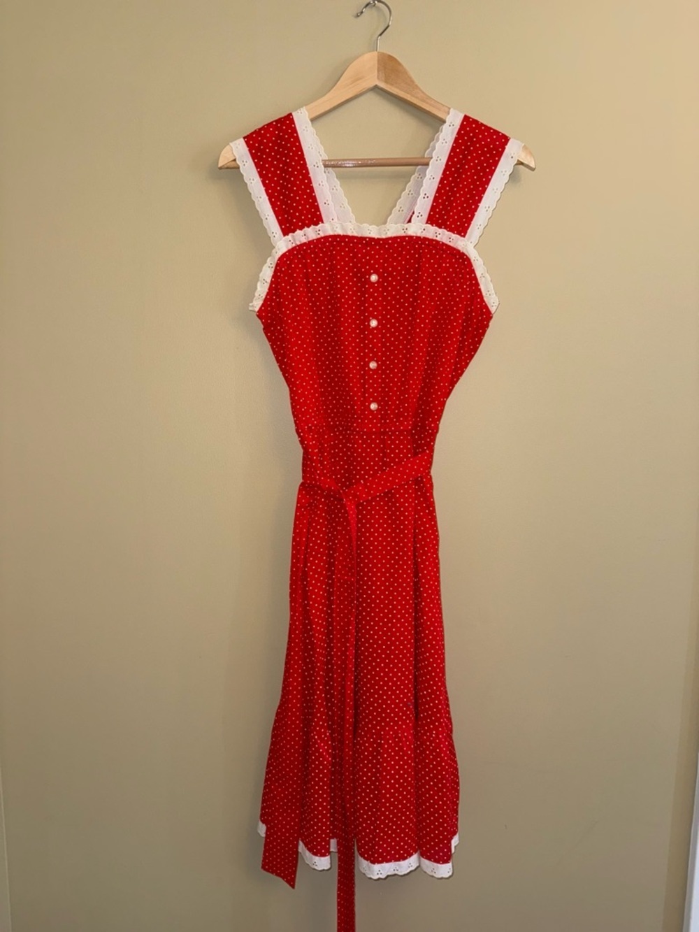 Vintage 70’s J.C. Penny Polka Dot Sundress Lace Eyelet Red White Size 7/8 Dainty